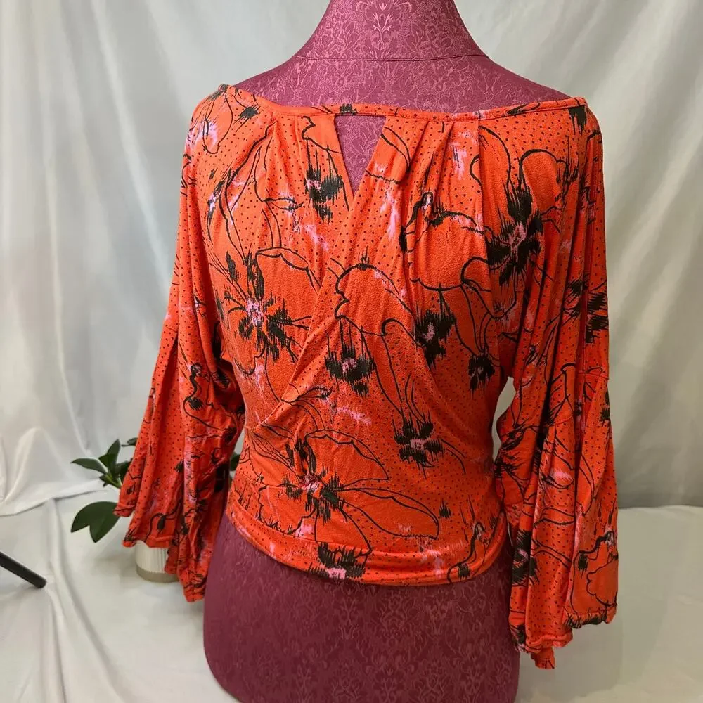 Free People Floral Wrap Blouse Boho Bell Sleeve‎ Festival Top XS